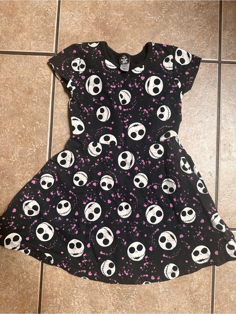 Girls Black Print Skater Dress with Pink Accents